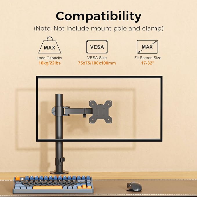 suptek Single Monitor Arm, Universal 1 Tier Arm Fully Adjustable Pole Mount Bracket Monitor Mounting for 13 to 32 inch Screen, Weight up to 22lbs, Mounting Holes 75x75mm to 100x100mm,Black - Image 2