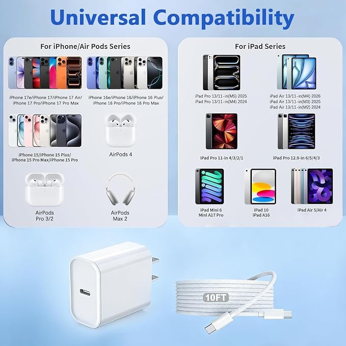iPhone 17 16 Charger,USB C Wall Charger Block Chargers Fast Charging with 10FT USBC to C Woven Cable for iPhone 17e/17/17 Pro/17 Pro Max/17 Air/iPhone 16/16 Plus/16 Pro Max/16e/15/15Pro,iPad Pro - Image 5