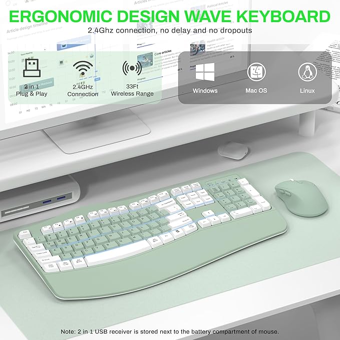 Wireless Keyboard and Mouse Combo,2.4G Ergonomic Wave Keys(Avocado Green-A) | Full Size Cordless Keyboard with Wrist Rest,3-Level DPI Ergonomic Mouse for Office and Home,Windows/Mac OS/Desktop/Laptop/PC - Image 2