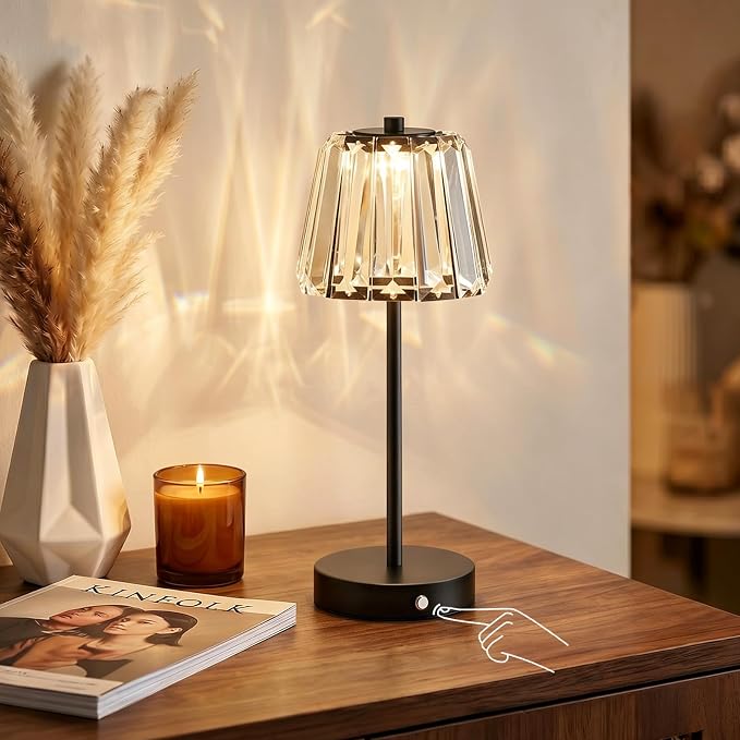 13" Small Crystal Cordless Table Lamp, Touch Rechargeable Desk Lamps | 3 Color Temps, Stepless Dimming, Black Portable Battery Operated LED Desk Lamps for Bedside, Nightstand, Kitchen, Patio, Gift - Image 2
