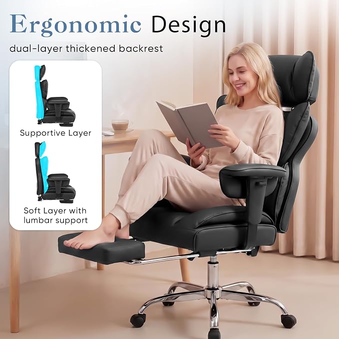 DUMOS Big and Tall Home Office Desk Chair, Executive Chair with Footrest | PU Leather, Ergonomic Comfy Lumbar Support, High Back Reclining, Adjustable Armrests, Black - Image 7