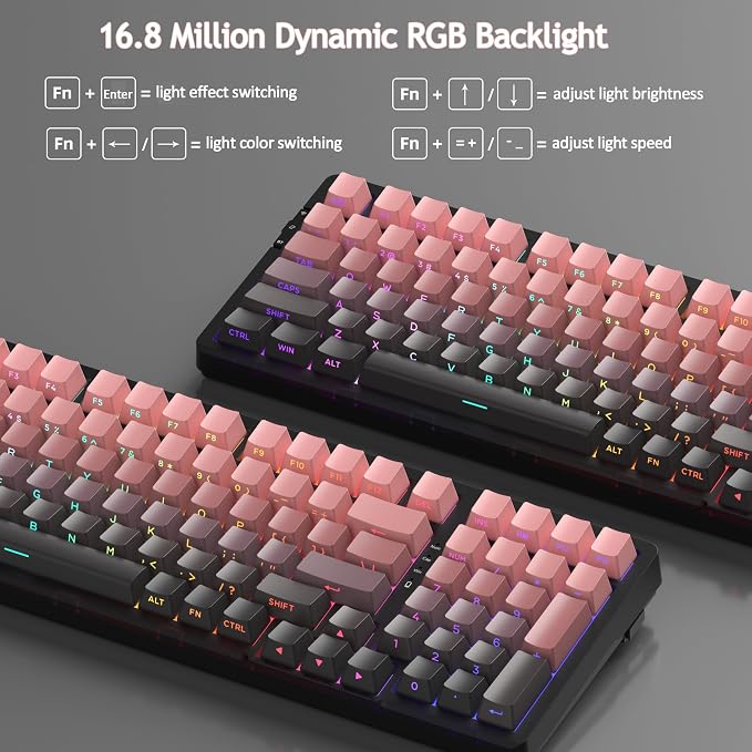 MageGee LIGHT100 Wireless Creamy Keyboard, Gasket Structure Hot Swappable, 2.4G/USB-C/BT5.0 RGB Backlit Mechanical Gaming Keyboard for Win/Mac/PC, 8000mAh Battery, Side Printed PBT Keycap, Pink - Image 5