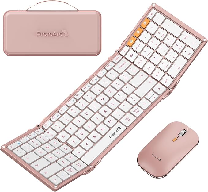 ProtoArc XKM01 Full-Size Foldable Keyboard Mouse Combo for Travel - Pink | 105-key keyboard, slim mouse, hard case and phone stand; 3-device Bluetooth & 2.4G switching, for travel office use by ProtoArc