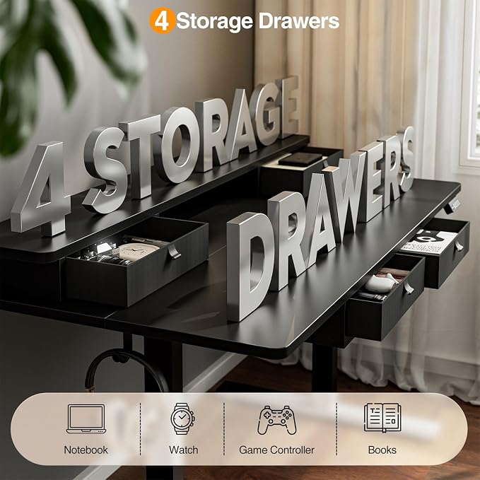 Grandder Electric Standing Desk with Four Drawers, Sit to Stand Up Height Adjustable Desk with Storage Shelf for Home Office, 47 * 28 Inch, Study, Ergonomic Adjustable Computer Desk, Black - Image 5