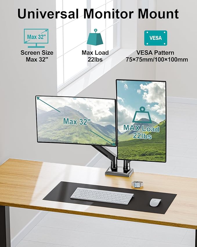Dual Monitor Arm Desk Mount Fits 13 to 32 inch Computer Screens, Holds 4.4 to 22lbs Display VESA Mount, Adjustable Double Monitor Stand with Clamp/Grommet Base, 75/100mm Bracket, Black, Freelift - Image 2