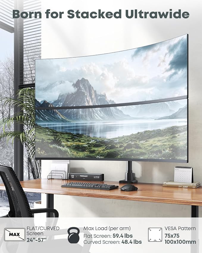 Dual Ultrawide Monitor Mount for 24-57'' Screens, Max Load 59.4 lbs per Arm | Vertically Stacked, Heavy Duty, Aluminum, Fully Adjustable, Topside Clamp/Grommet Mounting, VESA 75/100 mm, Black - Image 2