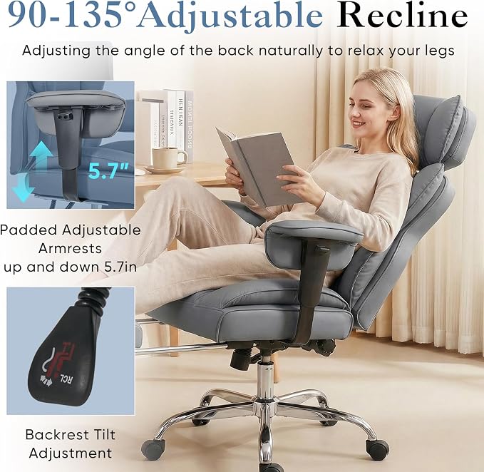 DUMOS Big and Tall Home Office Desk Chair, Executive Chair with Footrest | PU Leather, Ergonomic Comfy Lumbar Support, High Back Reclining, Adjustable Armrests, Grey - Image 4