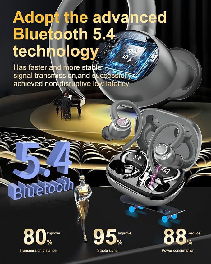 Wireless Earbuds, Bluetooth 5.4 Headphones Sport Over Ear Buds With ENC Mic | Noise Cancelling Mic,48H, Wireless Earphone with Earhooks, Stereo Deep Bass, IP7 Waterproof Ear Bud for Workout Running, Grey - Image 2