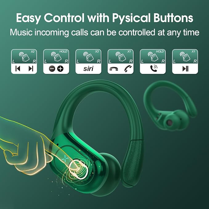 Aptkdoe Wireless Earbuds 75H Bluetooth 5.4 Sport Headphones with Earhooks | IPX7 Waterproof In-ear Buds Feature ENC Noise Cancelling Mic. Stereo Sound Device for Gym Running Workout, Dark Green - Image 7