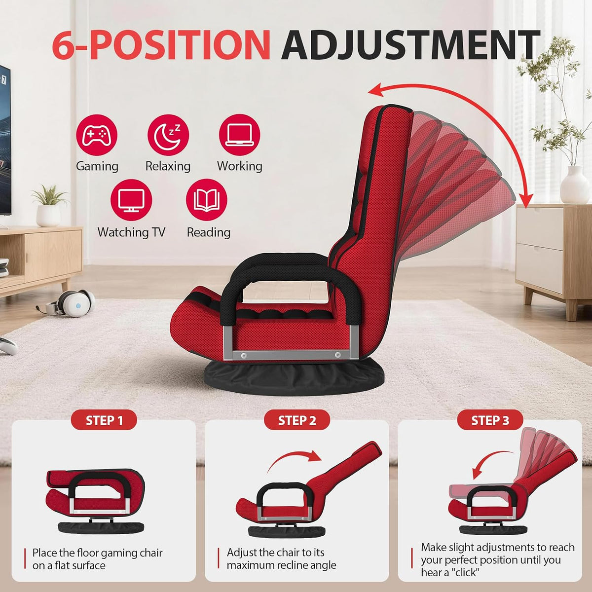 HOPERAN 360° Swivel Floor Gaming Chair, 6 Position Foldable Floor Chairs - Image 4