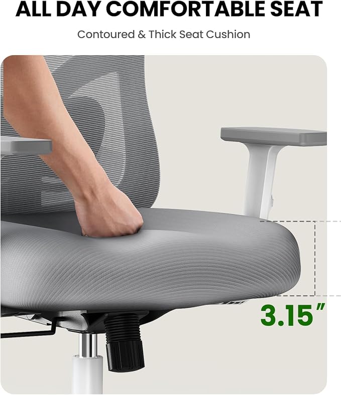 Marsail Ergonomic Office Chair Lumbar Support & Adjustable Armrests, Grey | 2D Headrest, Contoured Seat Cushion, Computer Desk Chair with Wheels for Home and Office - Image 6
