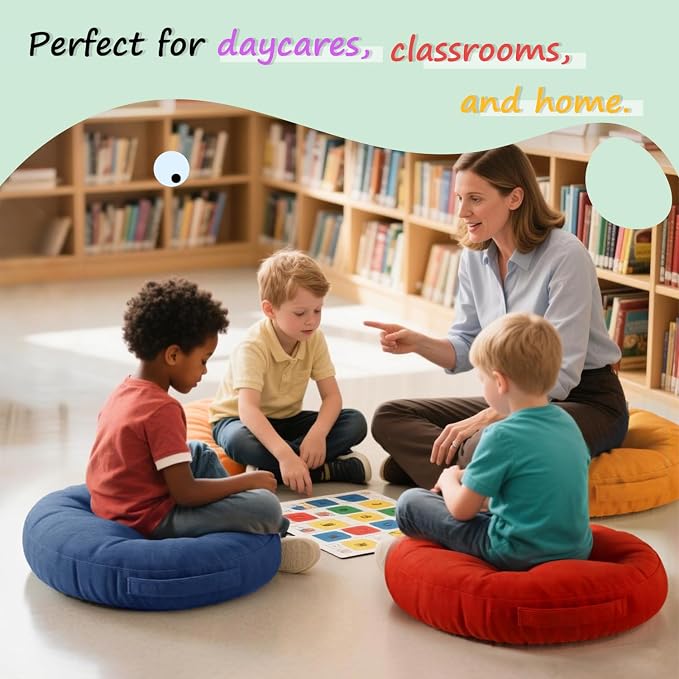 Floor Cushions For Kids 6Pack, Round Flexible Classroom Seating, 15 inch | Waterproof Floor Pillows With Handles, Safe Smolder Resistance Sitting Pillow For Elementary, Daycare & Reading, Multicolor - Image 6