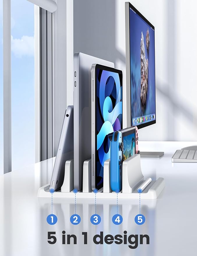 Vaydeer 3-Slot Vertical Laptop Stand Made of Premium ABS Plastics 5 in 1 Design Space-Saving Adjustable Desk Organizer for All MacBook/Chromebook/Surface (White) - Image 2