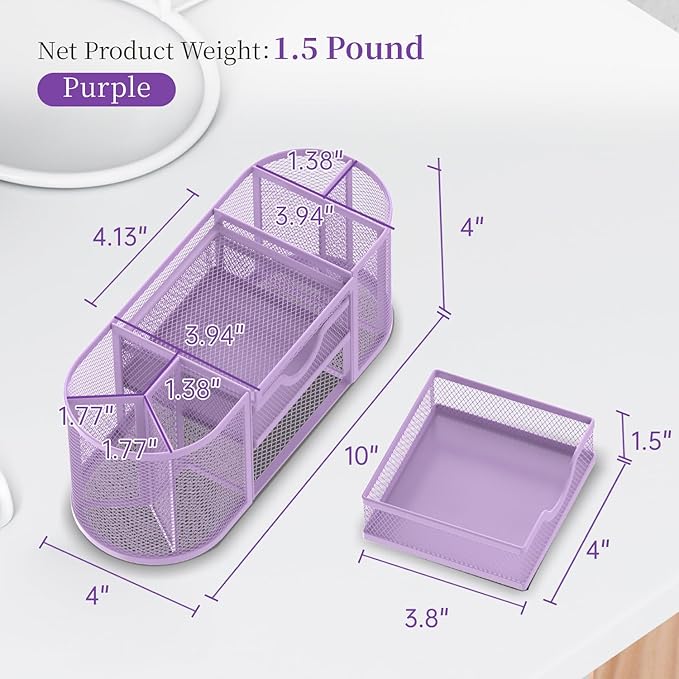 Mesh Desk Organizer, Pen Holder for Desk with 2 Drawers, Purple | Desk Organizers and Accessories with 8 Compartments and 2 Drawers, Pencil Holder for Desk for Small Office Supplies - Image 3
