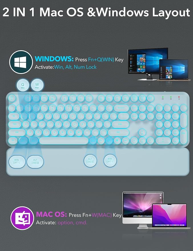 Wireless Keyboard and Mouse Backlit - Typewriter, Magnetic Wrist Rest | Retro Round Keys, Light Up Letters, 2.4GHz Cordless Combo for Mac, Windows, PC, Laptop, Trueque CK23Pro [Upgraded] - Image 8