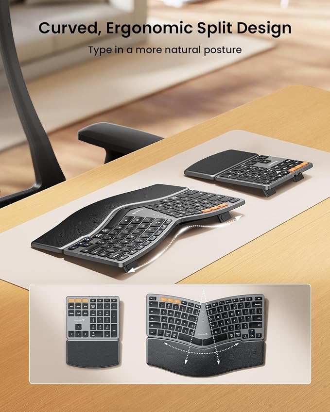 ProtoArc Wireless Ergonomic Keyboard with Separate Number Pad - Space Gray | 2.4G and Dual Bluetooth, Hard Palm Rest, Split Design, Rechargeable, Compatible with Windows, Mac - Image 2