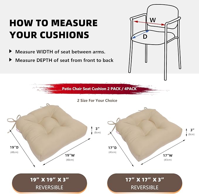 RACE LEAF 4 Pack 17x17 Inch Patio Chair Cushions, Thickened Seat Cushions Waterproof Stain Resistant with Non-Slip Ties (Khaki) - Image 5