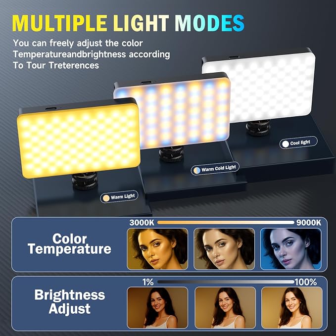 129 LED Camera Light with Metal Hotshoe,3000Mah Rechargeable,Color Temperature 3000-9000K Adjusted 10 Lights Modes for TikTok,Vlog,Selfie,Videoconferencing - Image 2