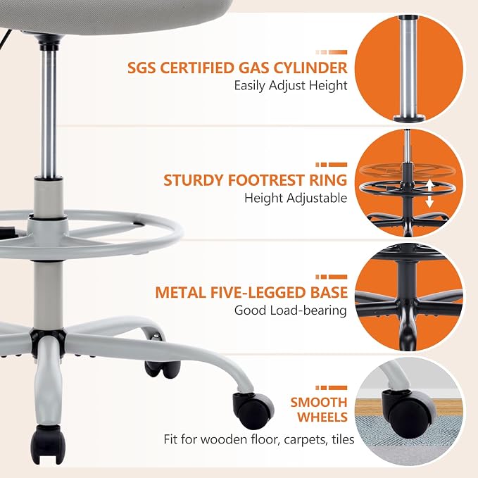Sweetcrispy Tall Drafting Office Desk Chair - Ergonomic High Stool Computer Chair with Adjustable Height and Comfy Lumbar Support, Rolling Counter Height with Flip-up Arm and Footrest, Grey - Image 8