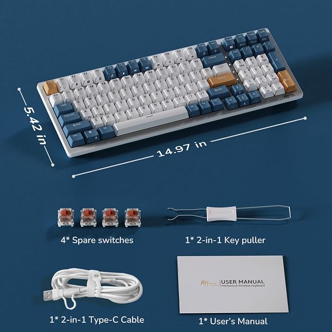 RK ROYAL KLUDGE RK98 Wireless Mechanical Keyboard, 100 Keys 98% Layout with Custom Switches Hot Swappable, Tri-Mode BT5.1/2.4G/USB-C Full Size Gaming Keyboard with Numpad RGB, Brown Switch - Image 8