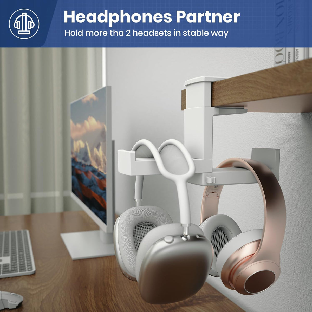 Dual Headphone Stand Holder - EURPMASK 2 in 1 PC Gaming Headset Hooks, 360 Degree Rotating Headphone Hanger with Adjustable Clamp & Cable Clip Organizer, Headset Mount Under Desk Earphone Clamp-White - Image 2