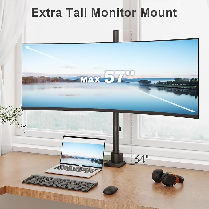 24-57'' Ultrawide Monitor Desk Mount, Extra Tall Aluminum Monitor Arm | Low Profile, Topside Clamp/Grommet Mounting, Tilt, Swivel, Rotate, Holds up to 59.4lbs, VESA 75x75/100x100 mm, Black - Image 2