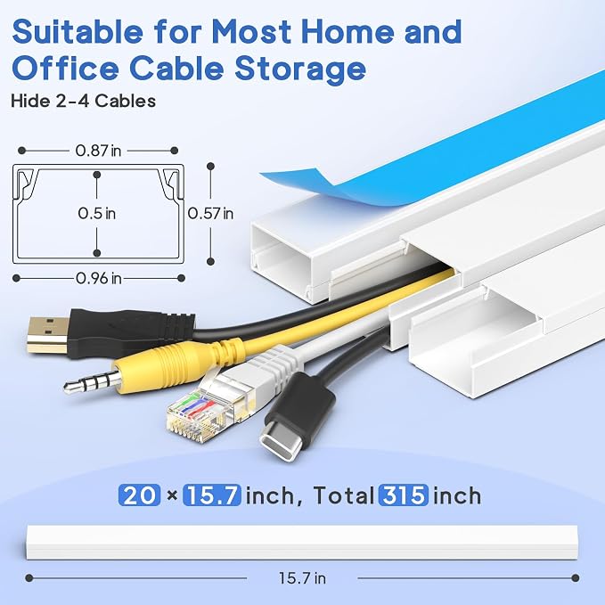 315in Cord Hider Kit, Paintable Cable Raceway, Cord Covers for Wall Mount TV, TV Cable Hider Wall Kit, Wire Management, W 0.96in x H 0.57in, White - Image 5