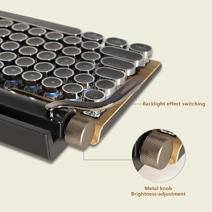 Adventurers Typewriter-Style Retro Mechanical Keyboard LED Backlight 83 Keys Bluetooth 5.0 Blue Axis Wood Color Panel Compatible with iOS/Android/Windows/Vista/Linux/Mac Office/Gaming, 12.8x6.6x1.6in - Image 2