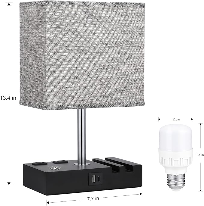Touch Bedside Table Lamp for Bedroom, 3-Way Dimmable, USB C+A, 2 AC Outlets | Base Touch Button Only, USB C+A Ports, 2 Phone Stands, LED Bulbs Included, Rectangle Grey Lampshade, for Living Room, Desk - Image 6
