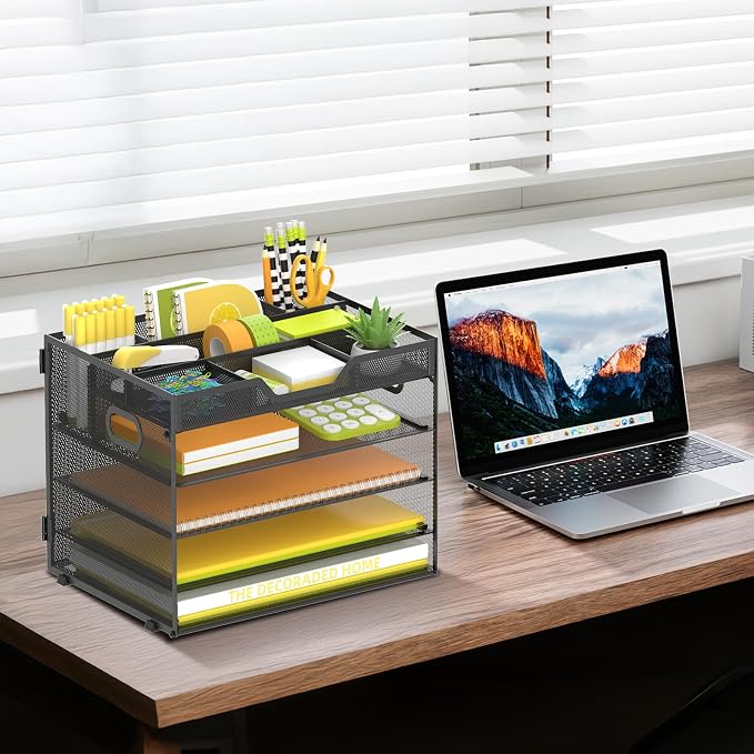 5 Tier Desk Organizer, Mesh Letter Tray Paper Organizer with 4 Adjustable Storage Compartments & Pen Holder, Metal Desk Accessories for Home Office School, Black - Image 4