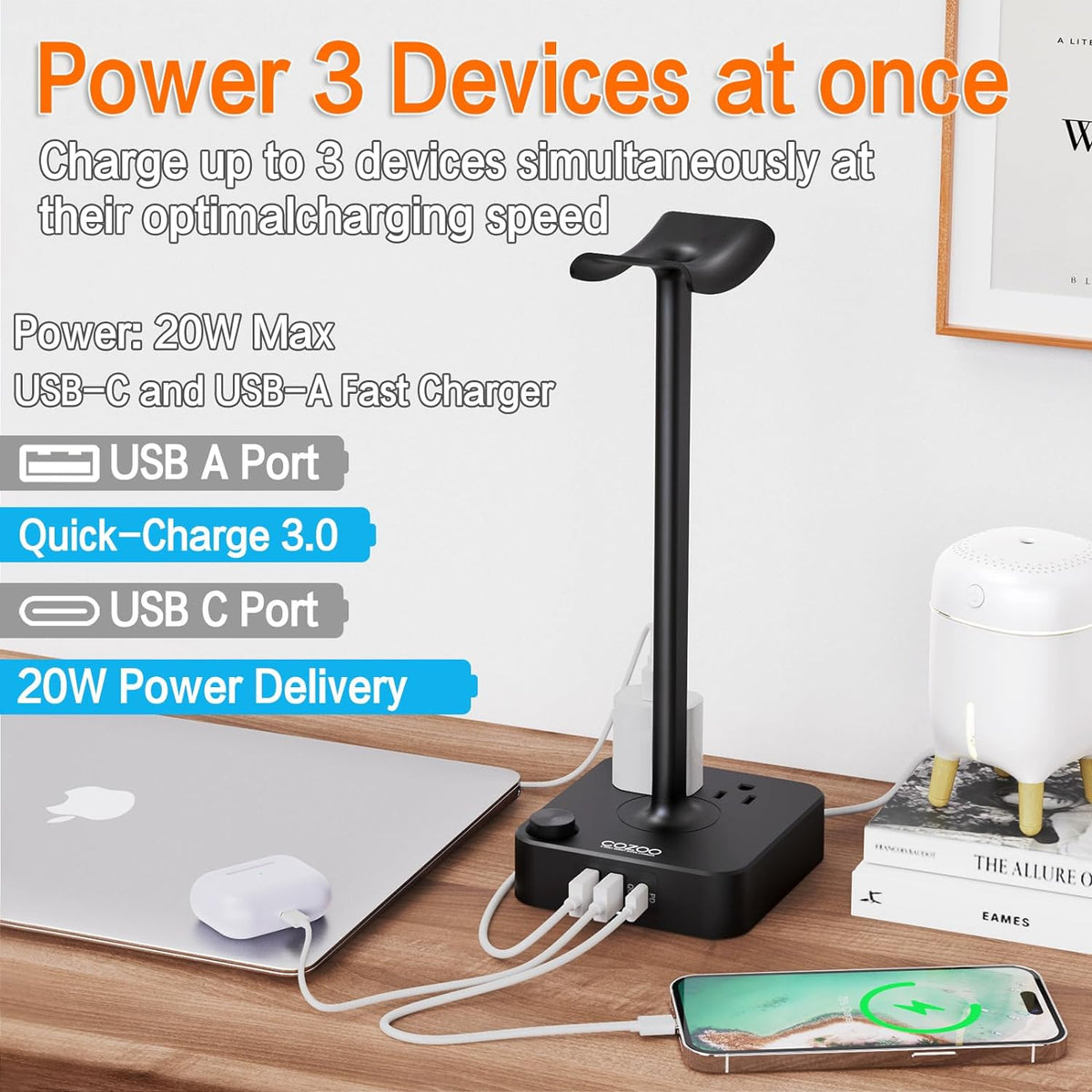 Headphone Stand with Charger for Desk, Gifts for Gamers Men, Black - Image 3