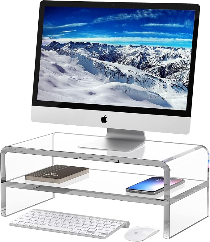 Egchi Acrylic Monitor Stand Riser, 2 Tier Clear Computer Monitor Stand for Home Office Business, PC Desk Stand Monitor Riser for Keyboard Storage, Laptop, Printer and TV Screen -12x7.2x5.12 inches | Desk Stand Monitor Riser, for Home Office Business, K... by Egchi