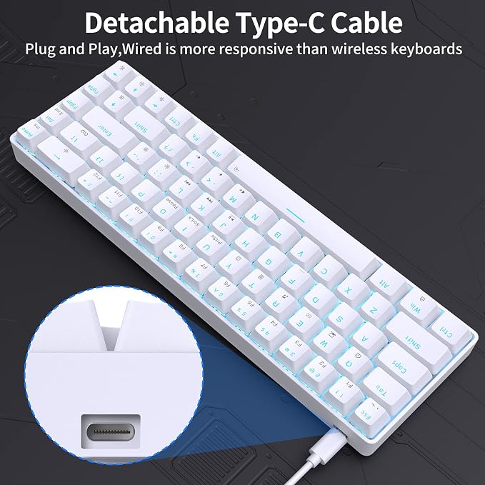 DIERYA T68SE 60% Gaming Mechanical Keyboard,Ultra Compact Mini 68 Key with Red Switches Wired Keyboard,Anti-Ghosting Keys, for Windows Laptops and PC Gamers,White - Image 6