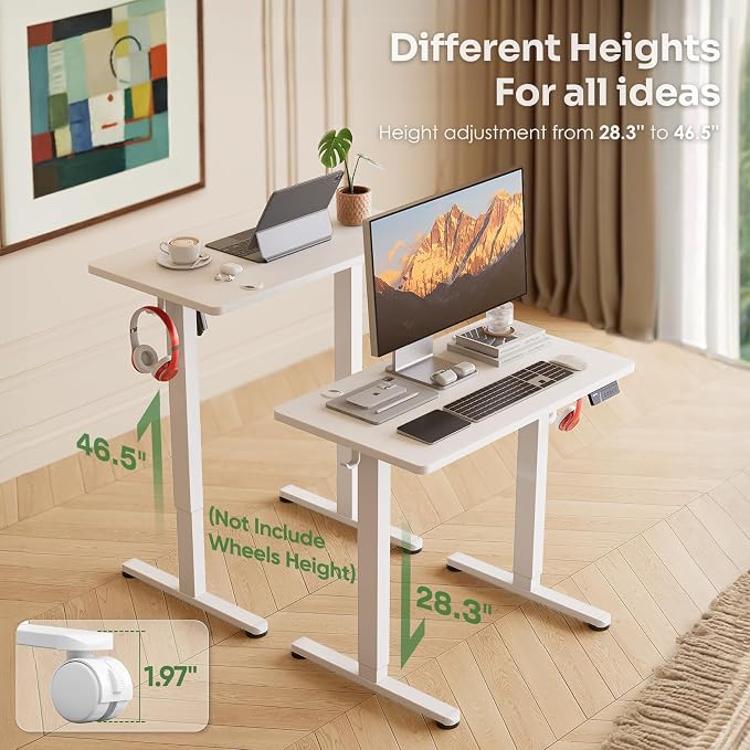 Monomi 35"x20" Small Electric Standing Desk,Whole Piece Desktop,White | Height Adjustable Desk with Memory Controller and wheels, Sit Stand Computer Workstation for Home Office,Space Saving - Image 4