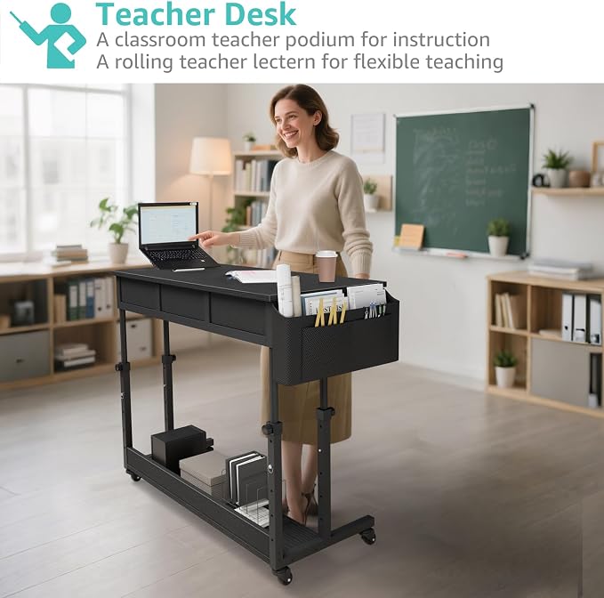 Rolling Standing Desk Adjustable Height with Drawers, 40 Inch Mobile Stand Up Portable Teacher Desks on Wheels for Classroom, Couch Sofa Side Laptop Table with Storage for Bedroom Home Office, Black - Image 4