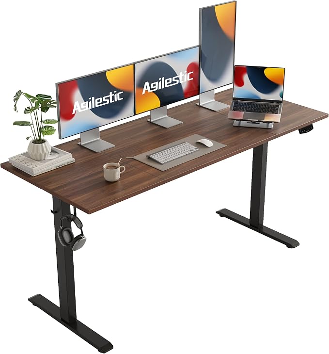 Agilestic Electric Height Adjustable Standing Desk, 63 Inch, Dark Walnut | Smooth Height Adjustment, Memory Presets, Hooks, Stable Steel Frame,154 lbs Capacity, Easy Assembly, Splice Board by Agilestic
