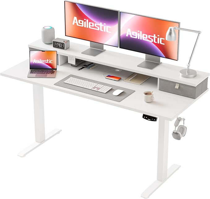 Agilestic 55 * 24 Inch Electric Standing Desk with Drawers, White | Electric Height Adjustable, 2 Storage Drawer, Monitor Stand, Sturdy Steel Frame, Memory Presets, Hooks, 154 lbs, Splice Board by Agilestic