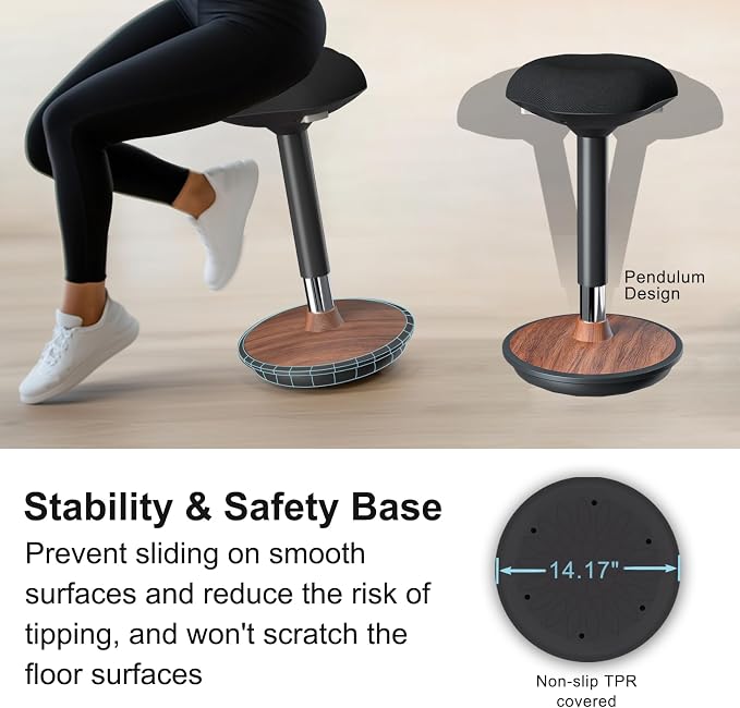 Adult Wobble Stool - Anti-Fatigue Standing Desk Stool with 360° Rocking Non-Slip Curved Base, Height Adjustable 22-32 Inch Standing Chair for Home & Office,Walnut - Image 4