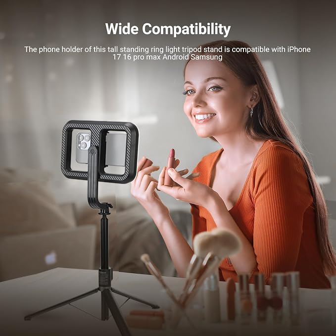 NEEWER Basics 10W Selfie Light with Tripod Stand, 1200mAh LED Square Ring Lighting, 72" Selfie Stick Phone Holder Compatible with iPhone, CRI90 3 Modes Remote for Travel Vlog Video Recording, NL100B - Image 4