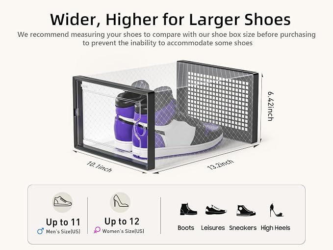 Kuject X-Large Shoe Storage Boxes 12 Pack, Clear Stackable Shoe Organizer | Shoe Case for Closet, Entryway & Under-Bed Storage, Drop-Front Design, Space-Saving Solution for Family Organization,Black - Image 3