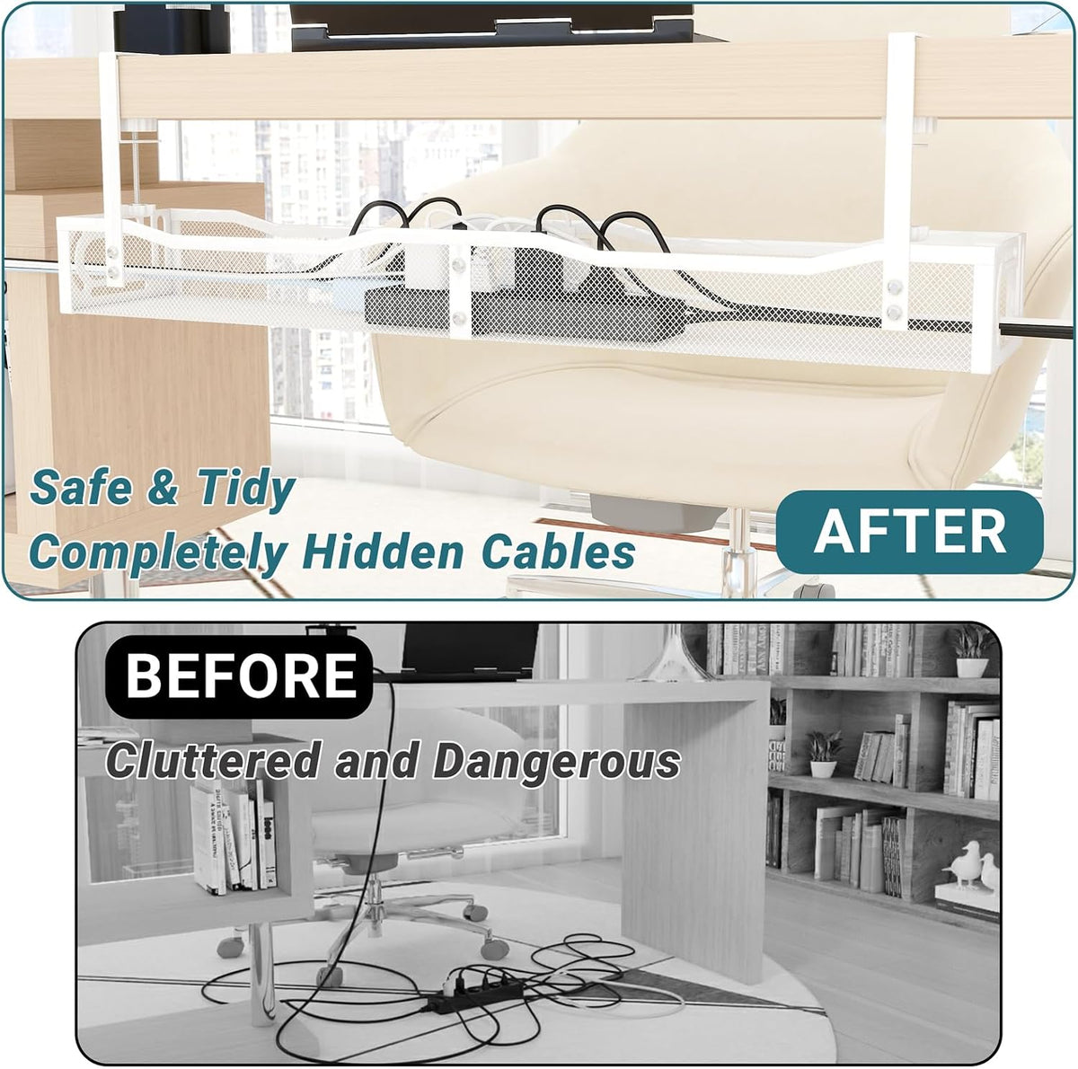 Cable Management Under Desk, 25.3'' No Drill Desk Cable Management Tray with Clamp, Metal Cord Organizer for Standing Desk, Computer Wire Management for Home Office & Gaming Setup, White - Image 3