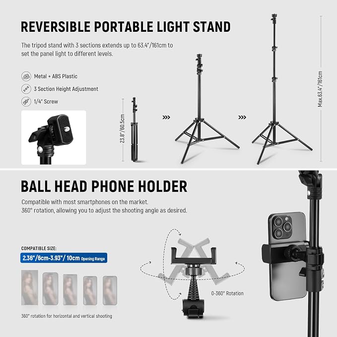 NEEWER Basics 2 Pack 15W 10.8" LED Video Light Panel Lighting Kit with 63" Tripod Stands, Edge Lit Bi Color Dimmable Studio Light 816lux CRI95+ for Photography Filming Recording Streaming, L220 - Image 5