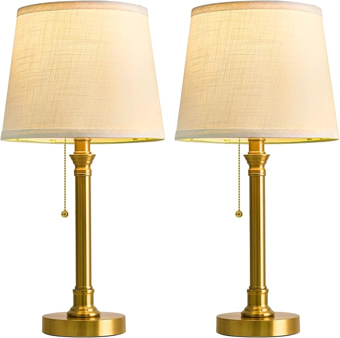 19.5” Brass Gold Small Table Lamps Set of 2 for Living Room Bedroom | Pull Chain Switch Bedside Table Lamps, White Linen Shade, Small Desk Lamp for Living Room, Bedroom, Home Office, Nursery - Image 9