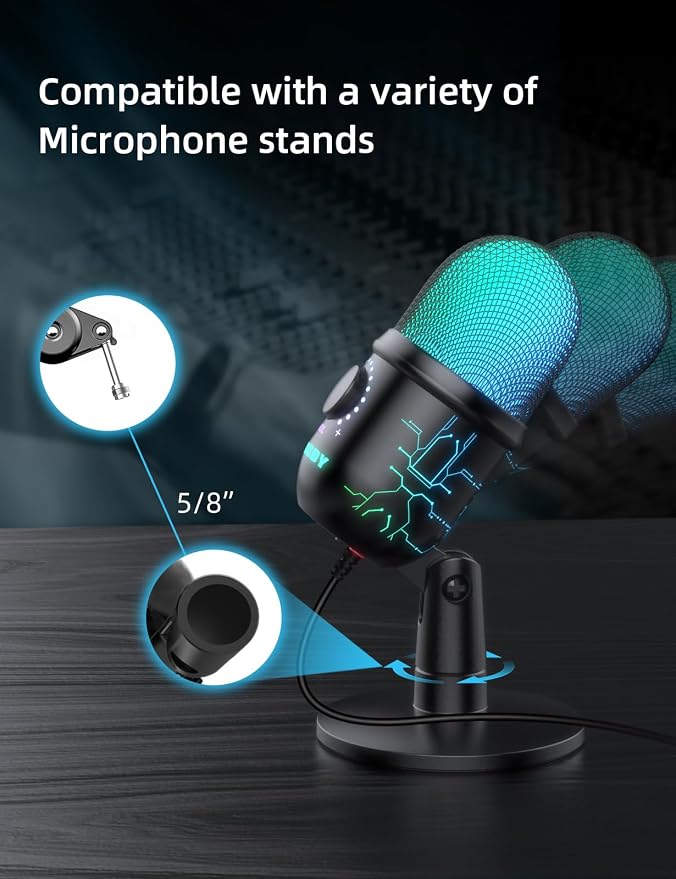 USB Gaming Microphone for PC with Noise Reduction, Mute, Gain, RGB | Condenser Mic, Headphone Jack, Suitable for PC, Computer, PS4, PS5, Mac, Streaming, Podcasting, Recording, YouTube, Discord - Image 7