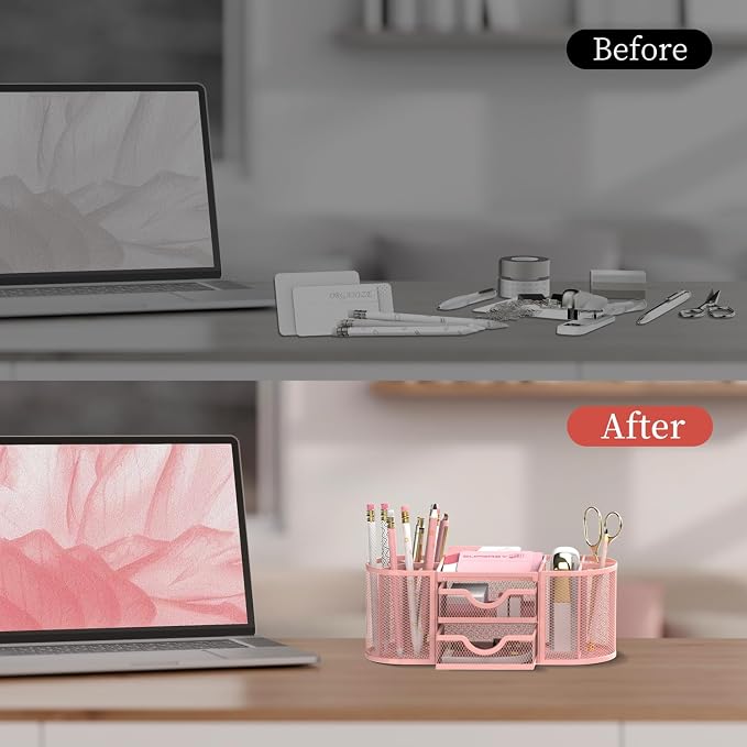 Mesh Desk Organizer, Pen Holder for Desk with 2 Drawers, Pink | Desk Organizers and Accessories with 8 Compartments and 2 Drawers, Pencil Holder for Desk for Small Office Supplies - Image 7
