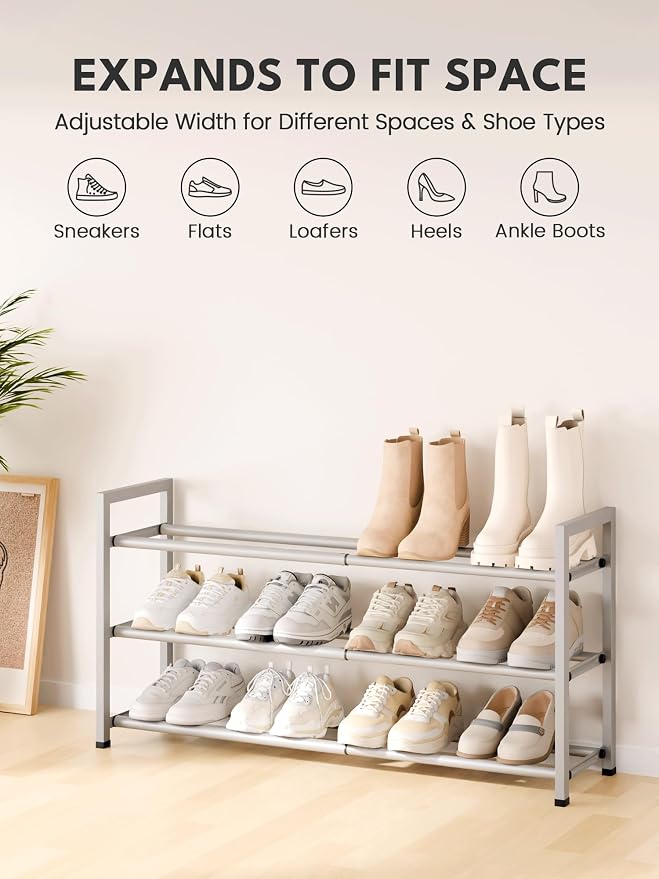 Bumusty 3 Tier Expandable Shoe Rack for Closet, Light Grey | 18"-33" Adjustable Shoe Rack for Entryway, Small Shoe Organizer for Dorm, Front Door, Sturdy Metal - Image 3
