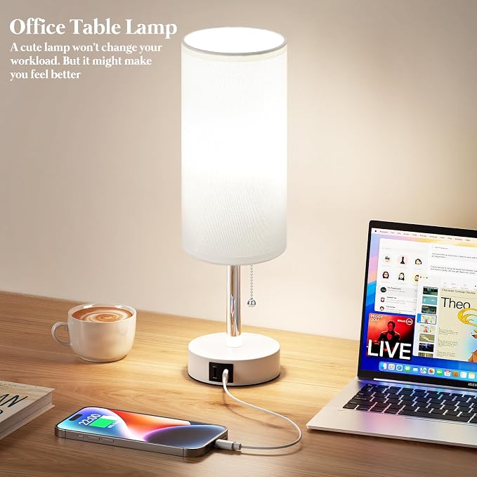 White Bedside Table Lamp for Bedroom - Small Nightstand Lamp for Girls | 3 Color Temp, USB A+C Ports, LED Bulb Included, Soft White Fabric Shade, Matte White Metal Base, 14" Desk Lamp for Kids Dorm - Image 6