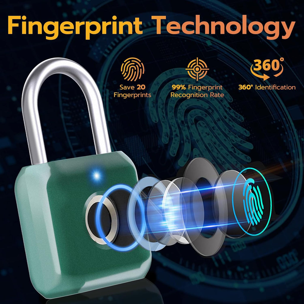 Fingerprint Padlock, Smart Metal Keyless Fingerprint Lock, Waterproof, USB Rechargeable, for Gym, School, Luggage, Backpack, Suitcase, Green - Image 3