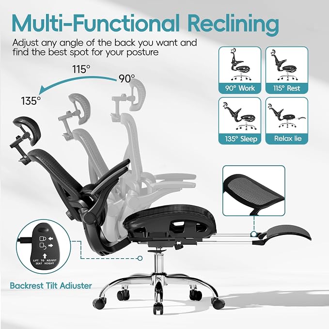 Ergonomic Office Chair, Home Office Desk Chairs with Adjustable Lumbar | Allion Ergonomic Mesh Computer Gaming Chairs with 3D Headrest, Flip-up Arms, Big Tall Reclining chair for Men Women, Black - Image 3