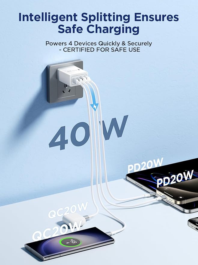 [2-Pack] USB C Charger Block, 40W Fast Charging Block Type C Charging Blocks 4-Port Dual Port PD+QC USB Wall Charger Block for iPhone 17 16 15 14 13 12 11 Pro Max XS, iPad - Image 2